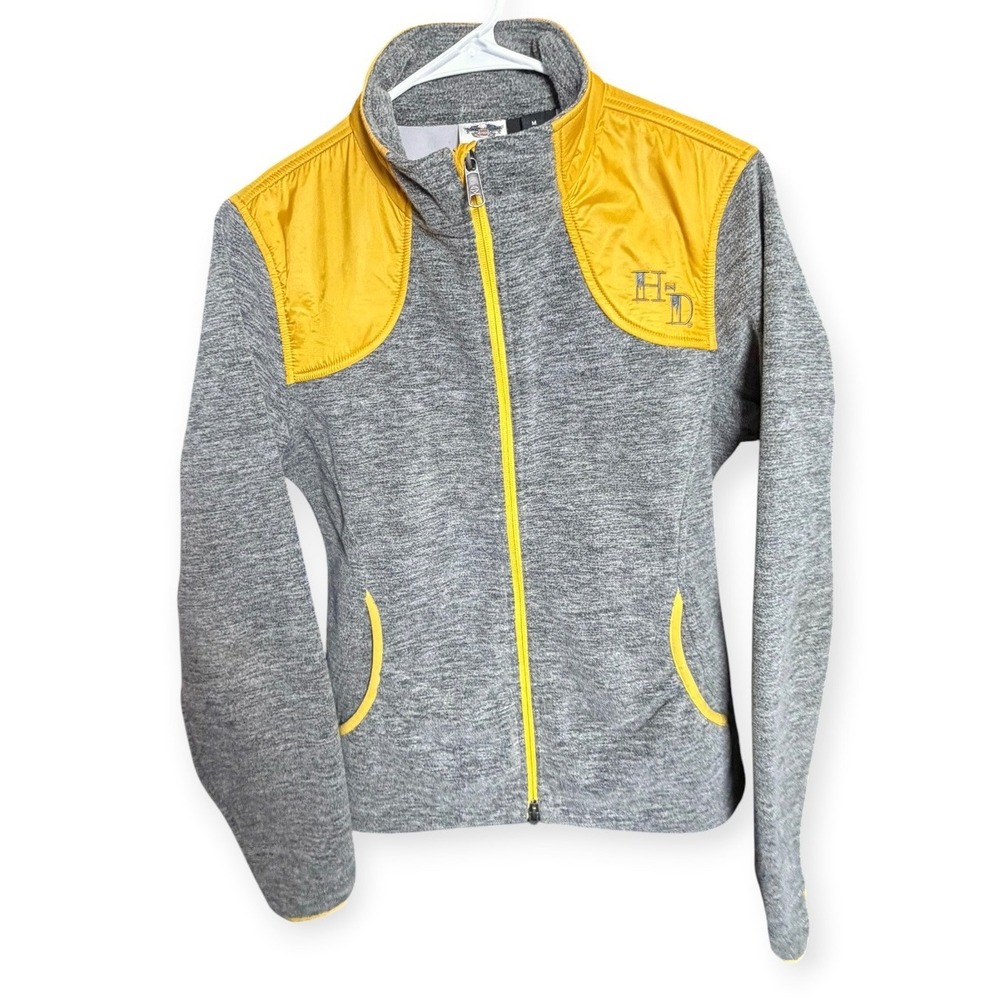 Harley-Davidson Womens Gray Fleece Yellow Quilted Shoulder Zip Jacket Medium - Picture 3 of 8